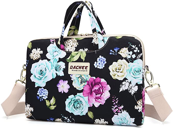 Dachee Black Flowers Patten Waterproof Laptop Shoulder Messenger Bag Case Sleeve for 11 Inch 12 Inch 13 Inch Laptop