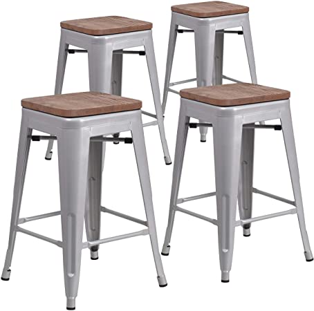 Taylor   Logan 24 Inch High Backless Metal Counter Height Stool with Square Wood Seat, Set of 4, Silver