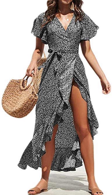 ROVLET Women's Bohemian Floral Printed Chiffon Wrap V Neck Short Sleeve Split Beach Party Maxi Dress