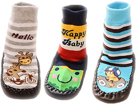 BOMPOW Baby Socks Toddler Kids Anti-slip Slipper Socks for 0-24 Months Boys Girls 3 Pack