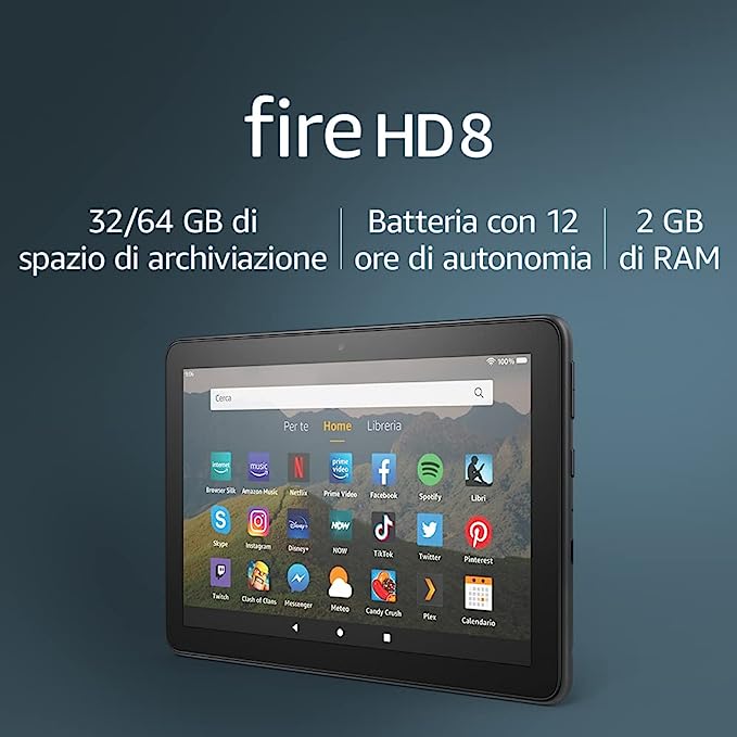 Tablet Fire HD 8 | Schermo HD da 8”, 64 GB (Nero) - Con pubblicità (modello 2020)