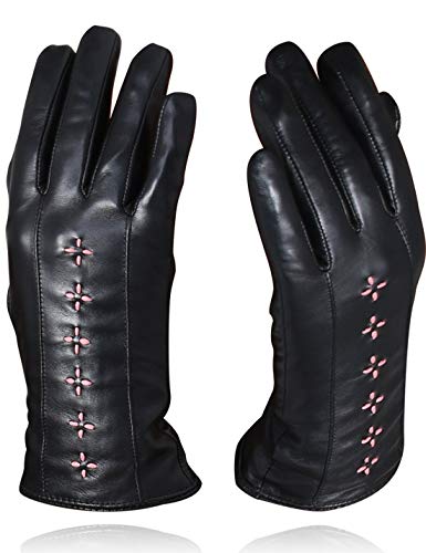 YISEVEN Women Winter Lambskin Touch Leather Gloves Fleece Lined Sakura Embroidery