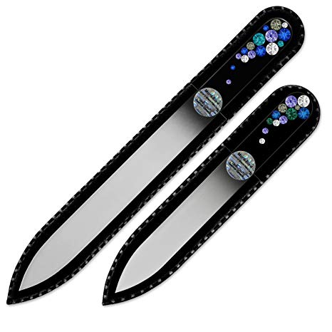 Mont Bleu Set of 2 Glass Nail Files Hand Decorated with Swarovski Elements, in Black Velvet Sleeve, Genuine Czech Tempered Glass, Premium Crystal Nail Files for Natural Nails