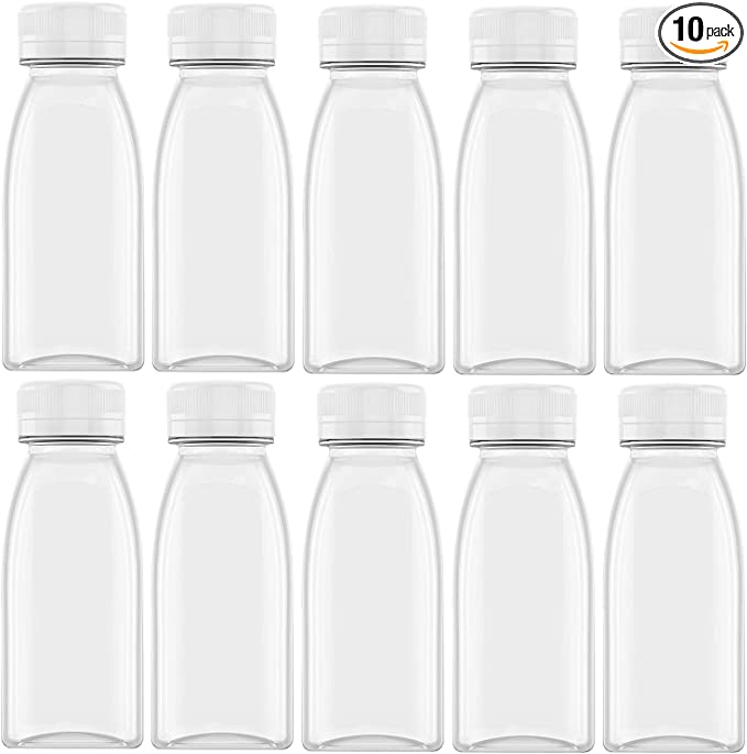 10 Pack 4 Ounce Empty Plastic Juice Bottles, with White Tamper Evident Caps, Reusable Juice Drink Containers, for Juice, Milk and Other Homemade Drinks