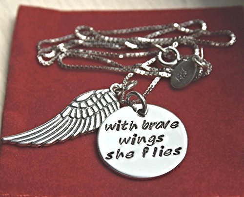 With Brave Wings She Flies Sterling Silver Inspirational Necklace, Quote Jewelry, Handmade Hand Stamped Necklace