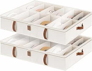 StorageWorks Under Bed Shoe Storage Organizer, Underbed Shoes Container with Adjustable Dividers, Shoe Storage Basket with Cover, Space-Saving Shoe Box Fits up to 24 Pairs, Beige, 2-Pack