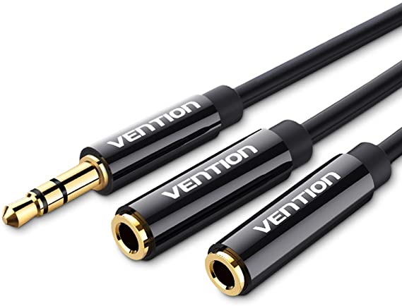 VENTION Headphone Splitter Cable, 3.5mm Male to 2 Dual 3.5mm Female Earphone Audio Y Splitter Cable for Phones, Headphones, Speakers, Tablets, PCs, MP3 Players and More (Black)