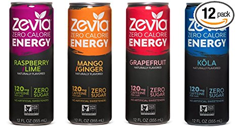 Zevia Zero Calorie Energy Drink Naturally Sweetened Energy Drink, Variety Pack, (12) 12 Ounce Cans; Mango Ginger, Raspberry Lime, Grapefruit, and Cola-flavored Caffeinated Beverages with No Sugar