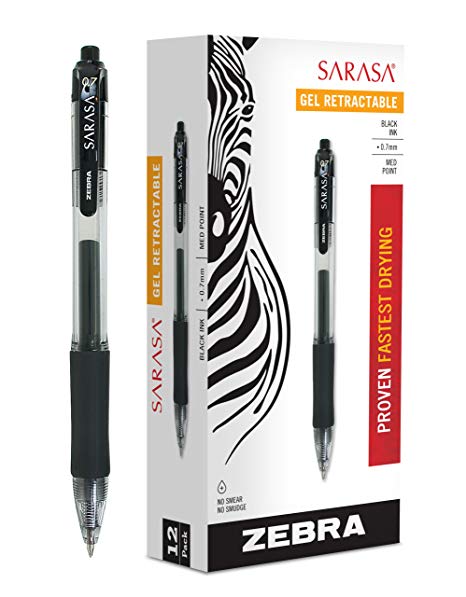 Zebra Sarasa Retractable Gel Ink Pens, Medium Point 0.7mm, Black, Rapid Dry Ink, 12-Count