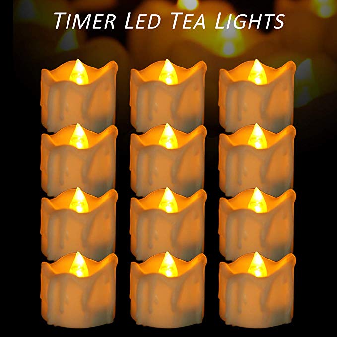 Micandle 12 Pack Battery Timer Tea Lights,6 Hours on and 18 Hours Off in 24 Hours Cycle Automatically,| LED PP | No fire hazards or burning risks | Amber Timing Candles for Wedding Party Church Home D