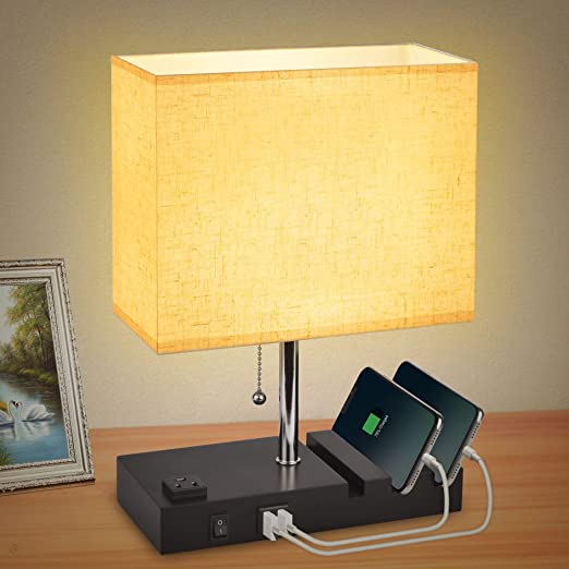 USB Bedside Table Lamp for Bedroom with 3 Phone Stands,Modern Table Lamp with 2 USB Charging Ports,1 AC Outlet,Minimalist Square Fabric Linen Lampshade,Cotanic Nightstand Lamp with E26 LED Bulb