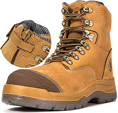 ROCKROOSTER Work Boots for Men, 8 inch, YKK Zipper, Steel Toe, Slip Resistant Safety Oiled Leather Shoes, Static Dissipative, Breathable, Quick Dry, Anti-Fatigue, AK232Z AK245Z
