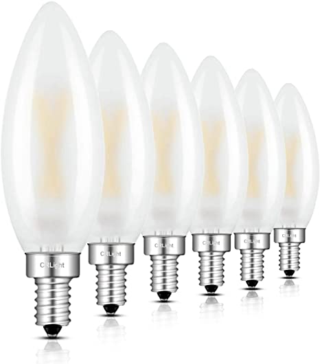 CRLight LED Candelabra Bulb 25W Equivalent 250LM, 3000K Soft White 2W Filament LED Chandelier Light Bulbs, E12 Base Vintage Edison B10 Frosted Glass Dimmable LED Candle Bulbs, 6 Pack