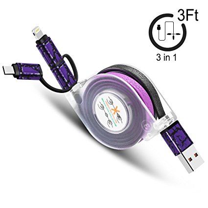 Retractable USB Cable,Cheeringary 3 in 1 USB Lightning Cable with Micro USB,Type C Data Sync Charging Cord for iPhone 7 6s 6 Plus iPad iPod Samsung Galaxy Android(3.3ft)-Purple
