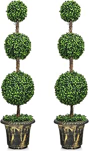 Goplus 4 Ft 2 Pack Artificial Boxwood Topiary Tree, Fake Greenery Plants Ball Tree, Leaves & Cement-Filled Plastic Flower Pot Decorative Trees for Home Office Indoor Outdoor