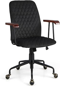 COSTWAY Velvet Office Chair, Upholstered Home Leisure Chair with Rubber Wood Armrests & 5-Claw Metal Base, Vintage Mid-Back Computer Desk Chair for Adult, Home, Office, Study (Black)