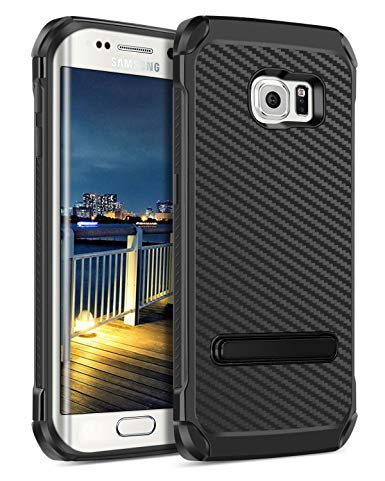 BENTOBEN Samsung S6 Edge Case, Slim Shockproof Heavy Duty Cover Case, 2 In 1 Hard PC Laminated with Carbon Fiber Faux Leather Cover Soft TPU Bumper Kickstand Phone Case Cover - Black