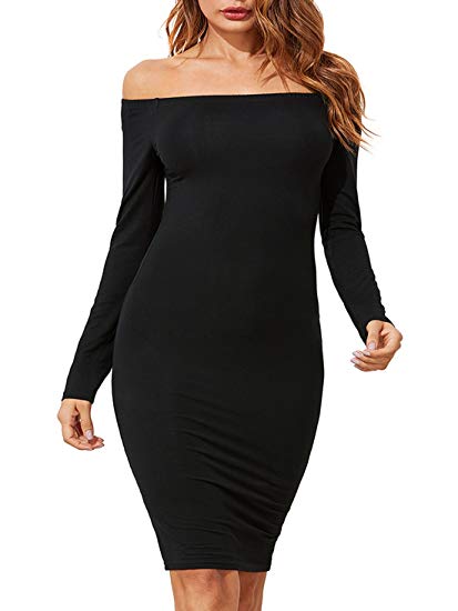 Romwe Women's Off Shoulder Long Sleeve Bodycon Cocktail Party Pencil Dress