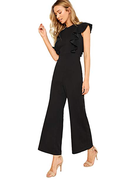 Romwe Women's Sexy Casual Sleeveless Ruffle Trim Wide Leg High Waist Long Jumpsuit