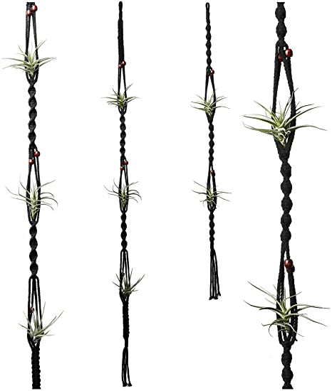 POTEY 604202 Air Plants Holders - Air Plant Wall Hanger for Tillandsia Home Decor Hanging Air Plant Holder Handmade Cotton Rope 2 Pack Air Plant Hanger 43.3''/33.4'',Black