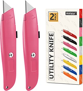 DIYSELF 2Pack Utility Knife Box Cutter Retractable Blade Heavy Duty, Box Cutters for Boxes and Cartons, Aluminum Shell Box Knife, Box Opener, Cardboard Cutter Knife (Pink)