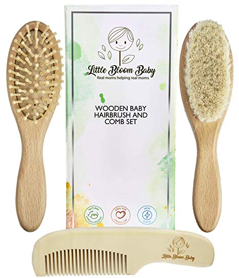 Natural Wooden Baby Hair Brush and Comb Set for Newborns and Toddlers by LittleBloomBaby - Goat hair for Cradle Cap & Wooden Massage Bristles for Toddler - Unique Gift Kit Idea for Shower Registry