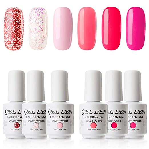 Gellen Gel Nail Polish Set - Sweet Roses Collection Bright Vivid Hot Pinks 6 Colors, Popular Pure Glitters Mixed Nail Gel Polish Colors Home Gel Manicure Kit