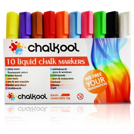CHALK MARKERS - 10 Pack of Premium Quality Liquid Chalk Markers with Reversible Dust Free 6mm Bullet and Chisel tip Non Toxic Dry and Wet erasable Create Attractive Halloween Designs