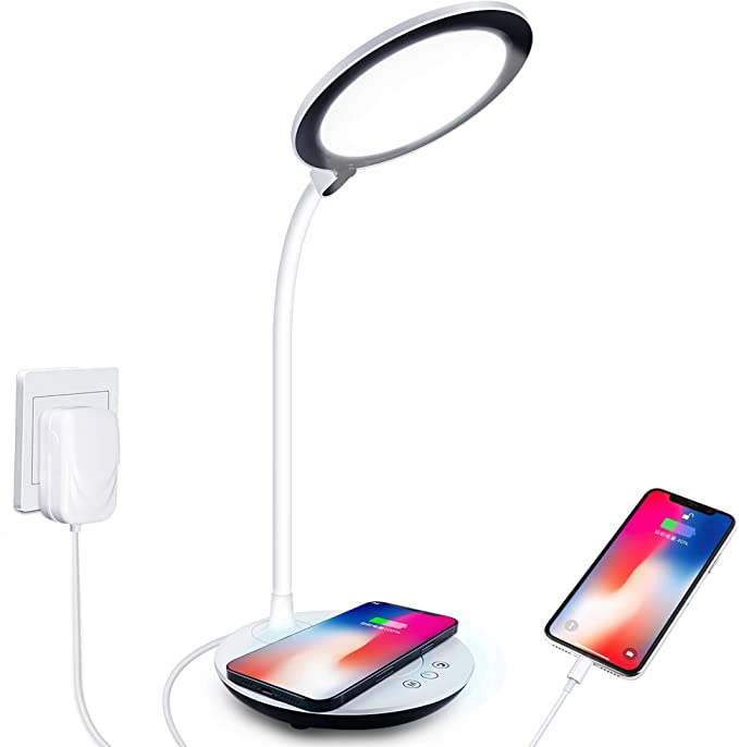 Desk Lamp. LED Desk Lamp with Wireless Charger, Dimmable Office Lamp with USB Charging Port, Foldable Table Lamp, 3 Lighting Modes, Suitable for ​Table, Bedroom, Bedside, Office, Study