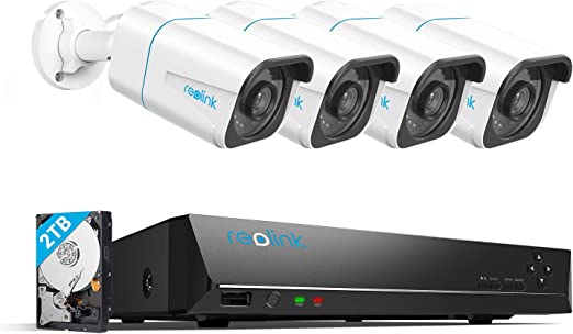 Reolink 8CH 4K Security Camera System H.265, 4pcs 8MP Person/Vehicle Detection Smart Wired Outdoor PoE IP Cameras, 8MP 8-Channel NVR with 2TB HDD for 24/7 Recording