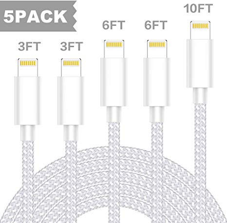 KRISLOG iPhone Charger, MFi Certified Lightning Cable 5Pack-3/3/6/6/10ft Durable High Spped Nylon Braided USB Fast Charging&Syncing Cord Compatible iPhone Xs MAX XR 8 8 Plus 7 7 Plus 6s 6s Plus SE