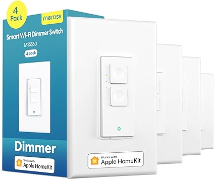 meross 4 Pack Smart Dimmer Switch Single Pole Supports Apple HomeKit, Alexa Google Assistant & SmartThings, 2.4Ghz WiFi Light Switch for Dimmable LED, Neutral Wire Required, Remote Control Schedule