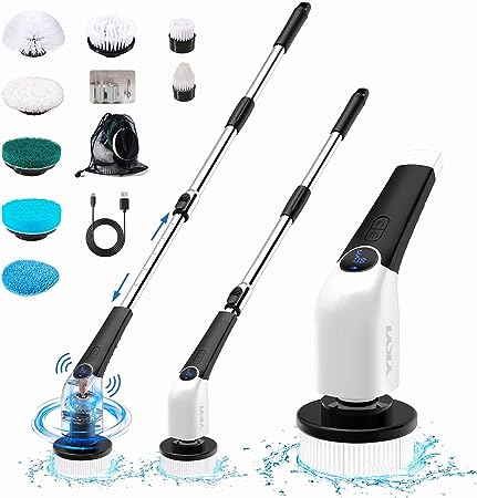 YKYI Electric Spin Scrubber,Cordless Cleaning Brush,Shower Cleaning Brush with 8 Replaceable Brush Heads, Power Scrubber 3 Adjustable Speeds,Adjustable & Detachable Long Handle,Voice Broadcast