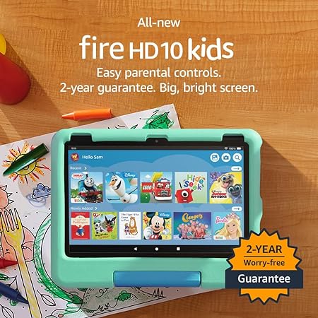 All-new Amazon Fire HD 10 Kids tablet | ages 3–7, 10.1" brilliant screen, parental controls, 2-year worry-free guarantee, 2023 release, 32 GB, Green