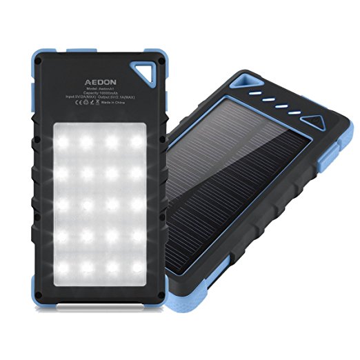 Aedon 10000mAh Solar Charger, Dual USB Solar Panel Charger with 2LED Light Carabiner Compass Portable for Emergency Outdoor Camping Travel (Black Blue)
