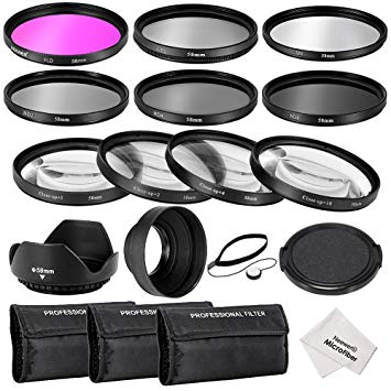 Neewer 58MM Complete Lens Filter and Accessory Kit: 58MM Filters(UV/CPL/FLD), Close-up Filters( 1/ 2/ 4/ 10), ND Filters(ND2/ND4/ND8), Lens Hoods, Lens Cap, Cap Keeper Leash, Filter Pouches, Cloth