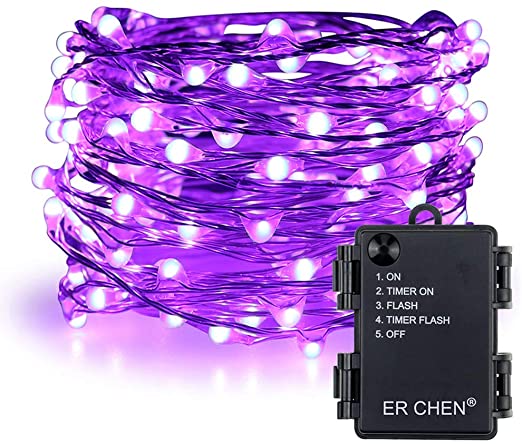 ER CHEN Battery Operated String Lights, 33ft/10M 100 LED Fairy Lights with Timer, Waterproof Silver Coated Copper Wire Christmas Lights for Bedroom Wedding Party (Purple)