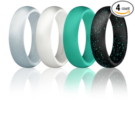 Silicone Wedding Ring For Women By ROQ, Affordable Silicone Rubber Wedding Bands, 4 Pack - Glitter Teal, Pink, Silver, Turquoise, White, Purple