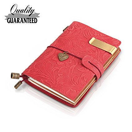Traveler Notebook Leather Small Journal Notebook ,Flowers Embossed Vintage Notebook, Gift for Men & Women, Perfect to write in ,5.3" X 4 "Inch Cute Travelers Journal--Red