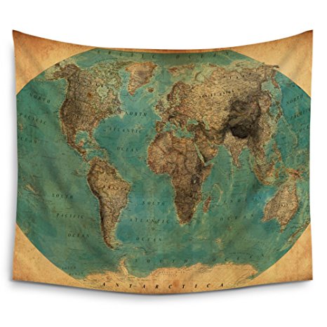World Map Tapestry Home Decor by Mugod Old-fashioned Map Wall Tapestry Hanging - Polyester Fabric Wall Art Tapestries - 51"H x 60"W Inches