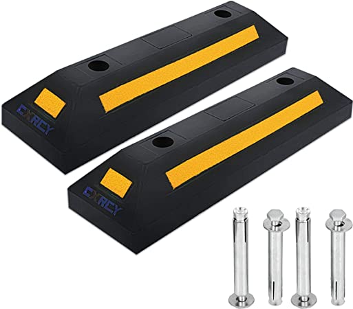 CXRCY Heavy Duty Parking Stoppers 2Pcs Black Industry Rubber Curbs Wheel Stop Stoppers Heavy Duty Parking Blocks Parking Target with Bolts and Reflective Yellow Tape for Garage and Parking Spots