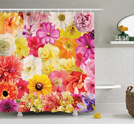 Ambesonne House Decor Collection, Colorful Flowers Dahlia Botanical Cheering Happiness Sunny Day Illustration Image, Polyester Fabric Bathroom Shower Curtain Set with Hooks, Pink Yellow Orange