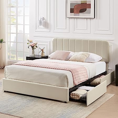 VECELO Queen Size Upholstered Bed Frame with 4 Drawers and Adjustable Headboard, Velvet Platform Storage Bedframe Mattress Foundation, Wooden Slats Support, No Box Spring Needed, Beige