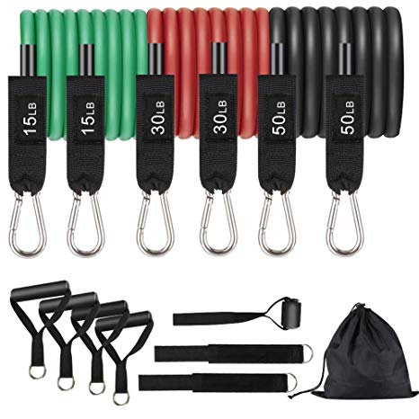Resistance Bands Set, 6 Stackable Exercise Tubes Crossover Workout with 4 Foam Handles, Door Anchor, Legs Ankle Straps, Portable Workout Bands Carry Bag and Bonus eBook - 100% Life Time Guaranteed