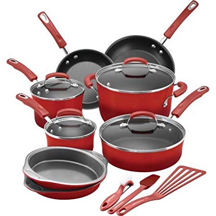 Rachael Ray 15-Piece Hard Enamel Nonstick Cookware Set (Red)