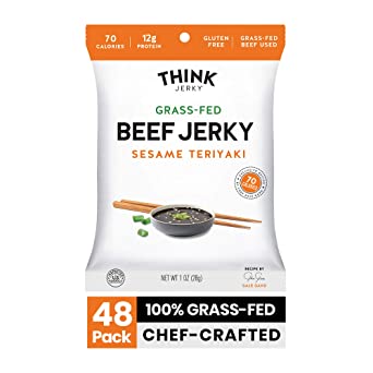 Sesame Teriyaki Beef Jerky by Think Jerky — Delicious Chef Crafted Jerky — Grass-Fed Beef Free of Gluten, Antibiotics and Nitrates — Healthy Protein Snack Low in Calories and Fat — 1 Ounce (48 Pack)