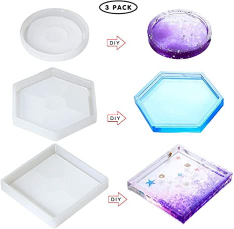 3 Pack DIY Coaster Silicone Molds for Resin, Resin Molds Ashtray for Casting Eco-Friendly Sturdy Hexagon Square Round Mold Bottom Bracket for Casting with Resin,Concrete,Cement