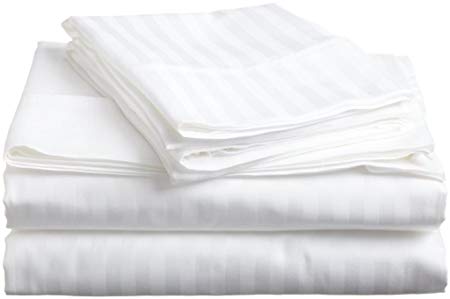 Way Fair Sheet Set King Size White Stripe 100% Cotton 600 Thread-Count (15" Deep Pocket Drop) by