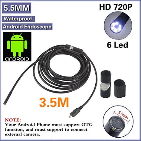 OurWarm 3.5M USB Waterpoof Borescope 5.5mm Android Endoscope Inspection Tube Camera with 6LED for Android Device with OTG Function