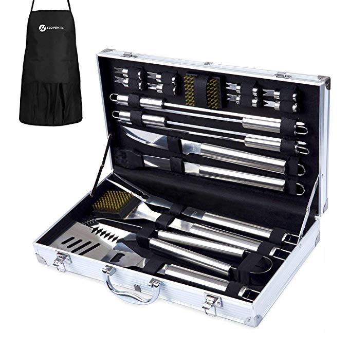 Manfiter 20pc BBQ Grill Tool Set, Stainless Steel Barbecue Grilling Accessories, Heavy Duty Stainless Steel Grill Utensils with Aluminum Case, BBQ Apron, Spatula, Tongs, Skewers